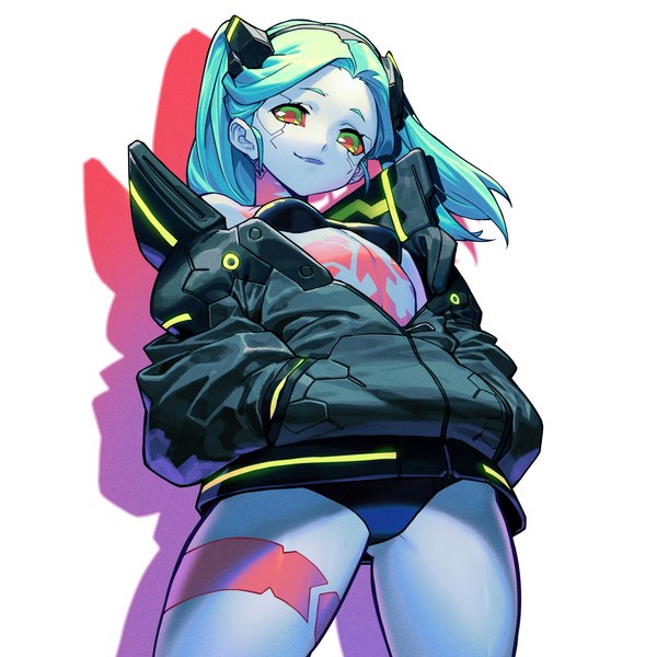 Anime picture 2800x2800 with cyberpunk edgerunners studio trigger rebecca (cyberpunk) haje single long hair looking at viewer highres light erotic simple background white background green eyes aqua hair from below partially open clothes hands in pockets girl jacket