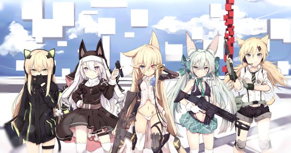 イラスト 4000x2110 と ドールズフロントライン g41 (girls frontline) tmp (girls frontline) idw (girls frontline) art556 (girls frontline) p7 (girls frontline) ∀ μ ø κ σ δ 長髪 カメラ目線 赤面 前髪 highres light erotic 金髪 hair between eyes wide image 紫目 ツインテール multiple girls holding