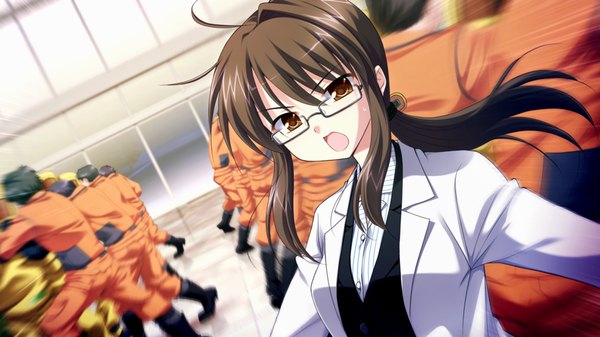 Anime picture 1280x720 with root double tenkawa miyoko long hair open mouth black hair wide image brown eyes game cg girl glasses labcoat