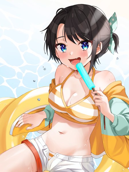 Anime picture 2000x2667 with virtual youtuber hololive oozora subaru oozora subaru (3rd costume) moonbell single tall image blush highres short hair breasts open mouth blue eyes light erotic black hair ponytail :d open jacket official alternate costume swimsuit under clothes