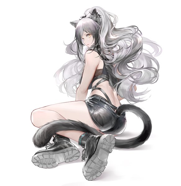 Anime picture 3699x3807 with arknights schwarz (arknights) qiangjitong single long hair tall image highres simple background white background sitting animal ears yellow eyes absurdres full body ponytail tail animal tail profile grey hair from behind
