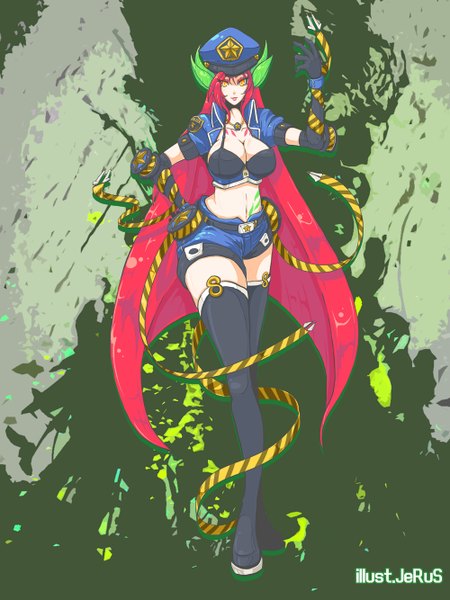 Anime picture 1000x1333 with league of legends zyra (league of legends) trombe single tall image looking at viewer breasts light erotic large breasts red hair very long hair orange eyes girl gloves navel uniform elbow gloves shorts short shorts flat cap