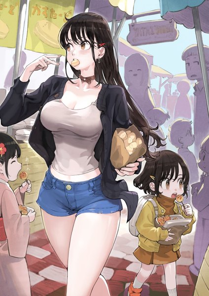 Anime picture 2894x4093 with original jun (seojh1029) long hair tall image highres short hair breasts open mouth black hair large breasts multiple girls yellow eyes looking away long sleeves open jacket multiple boys eating walking street girl