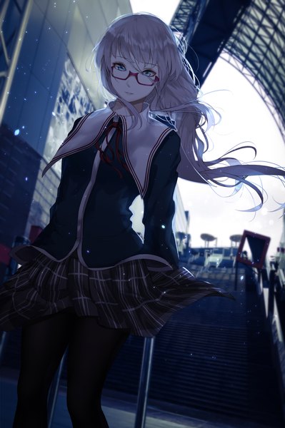 Anime picture 2892x4348 with original saitou (lynx-shrike) single long hair tall image fringe highres blue eyes silver hair long sleeves pleated skirt wind depth of field plaid skirt girl skirt uniform ribbon (ribbons) school uniform pantyhose