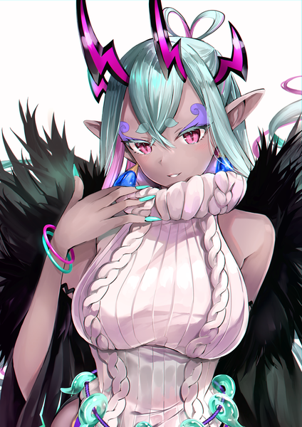 Anime picture 2895x4093 with fate (series) fate/grand order ibuki douji (fate) hane yuki single long hair tall image fringe highres breasts simple background hair between eyes large breasts white background upper body nail polish pink eyes horn (horns) pointy ears aqua hair