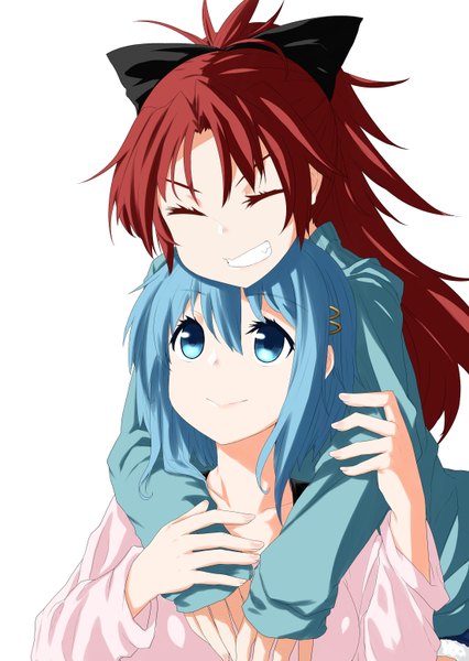 Anime picture 2208x3106 with mahou shoujo madoka magica shaft (studio) sakura kyouko miki sayaka kaho long hair tall image highres short hair blue eyes simple background smile white background multiple girls blue hair ponytail red hair eyes closed hug girl