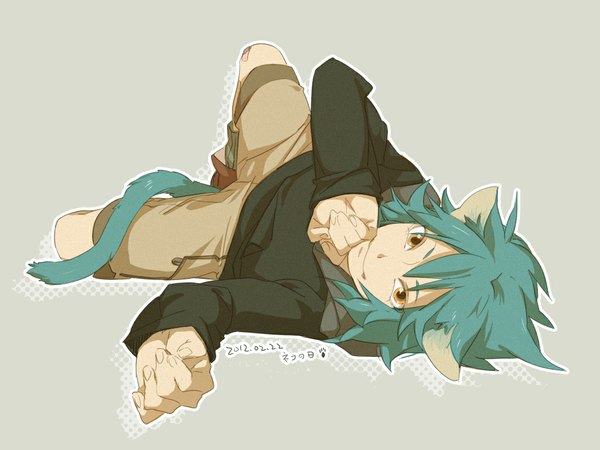 Anime picture 1024x768 with inazuma eleven go kariya masaki kiu looking at viewer short hair simple background smile signed animal ears lying animal tail cat ears aqua hair grey background cat tail orange eyes kemonomimi mode boy shorts