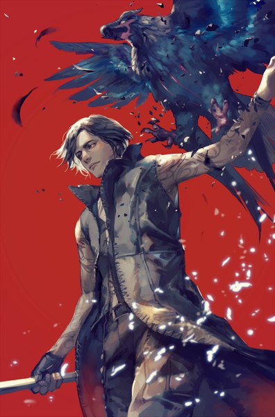 Anime-Bild 1000x1515 mit devil may cry devil may cry 5 v (devil may cry) griffon (devil may cry 5) hage2013 single tall image short hair black hair simple background standing holding looking away arm up realistic sparkle grey eyes tattoo floating hair red background