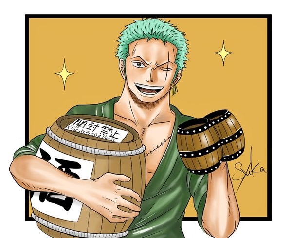 Anime picture 960x782 with one piece toei animation roronoa zoro one syuka single looking at viewer short hair open mouth simple background smile holding signed upper body one eye closed green hair teeth sparkle piercing border ear piercing