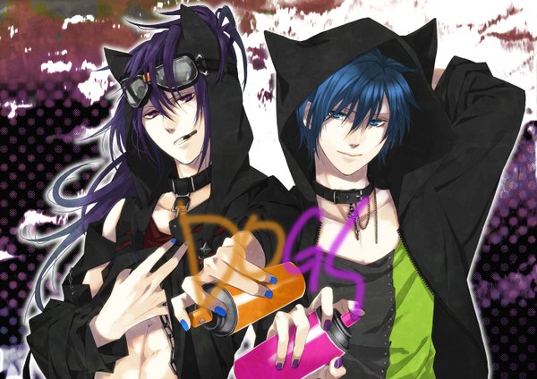 Anime-Bild 1412x1000 mit vocaloid kaito (vocaloid) kamui gakupo long hair looking at viewer short hair blue eyes standing purple eyes animal ears blue hair nail polish open clothes multiple boys couple arms behind head polka dot shirt lift polka dot background naked shirt