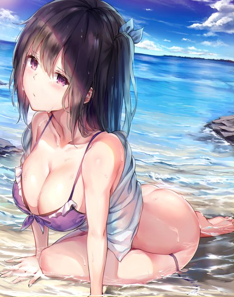 Anime picture 916x1158 with original tama satou single long hair tall image blush fringe breasts light erotic black hair hair between eyes large breasts sitting purple eyes bare shoulders looking away sky cleavage cloud (clouds) outdoors
