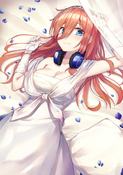 Anime picture 2349x3322 with go-toubun no hanayome nakano miku lkjun (jg010118) single long hair tall image looking at viewer blush fringe highres breasts blue eyes hair between eyes brown hair large breasts cleavage lying light smile on back dutch angle