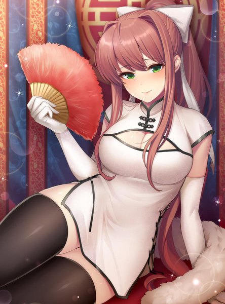 Anime picture 667x900 with doki doki literature club monika (doki doki literature club) pantsu majirou single long hair tall image looking at viewer blush fringe breasts light erotic hair between eyes brown hair large breasts sitting holding green eyes payot cleavage ponytail