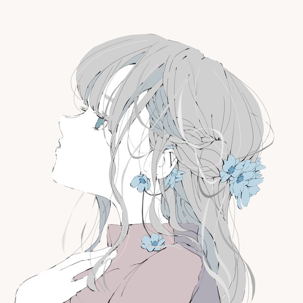 Anime picture 6000x6000 with original no copyright girl single long hair fringe highres simple background absurdres profile hair flower aqua eyes grey hair portrait looking up half updo girl flower (flowers)