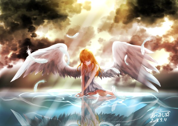Anime picture 1684x1191 with original tagme (artist) single long hair fringe blonde hair sitting eyes closed sunlight reflection white wings angel girl dress wings feather (feathers) sundress