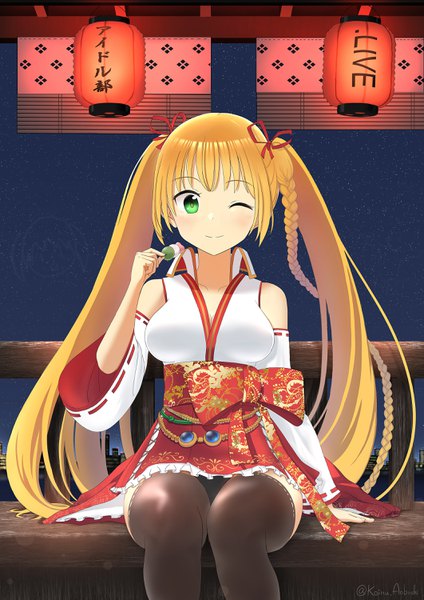 Anime picture 2121x3000 with virtual youtuber .live kongou iroha professor aulait single long hair tall image looking at viewer highres light erotic blonde hair green eyes signed braid (braids) traditional clothes japanese clothes one eye closed wink pantyshot twitter username