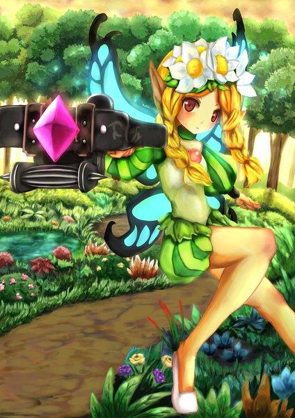 Anime picture 1654x2339 with odin sphere vanillaware mercedes (odin sphere) wakaura asaho single long hair tall image looking at viewer blonde hair brown eyes braid (braids) bare legs puffy sleeves twin braids fantasy insect wings butterfly wings fairy girl flower (flowers)