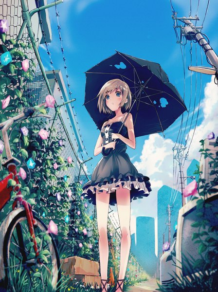 Anime picture 1496x2000 with original 40hara single tall image blush short hair blue eyes blonde hair bare shoulders sky cloud (clouds) scenic girl dress hair ornament flower (flowers) hairclip ground vehicle fence box