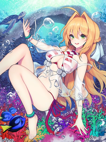 Anime-Bild 1000x1333 mit fate (series) fate/grand order nero claudius (fate) nero claudius (swimsuit caster) (fate) kyundoo single long hair tall image looking at viewer blush fringe breasts open mouth light erotic blonde hair smile hair between eyes green eyes payot ahoge
