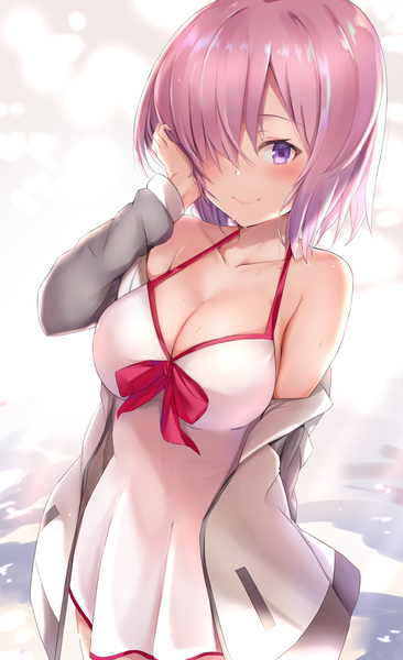 Anime picture 1540x2520 with fate (series) fate/grand order mash kyrielight mash kyrielight (swimsuit of perpetual summer) maosame single tall image looking at viewer blush fringe short hair breasts light erotic smile large breasts purple eyes bare shoulders pink hair cleavage long sleeves