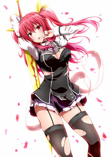 Anime picture 1240x1753 with rakudai kishi no cavalry stella vermillion bakuchiku single long hair tall image blush open mouth light erotic red eyes white background red hair pantyshot torn clothes girl thighhighs underwear panties bow weapon