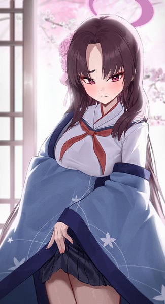 Anime picture 900x1662 with blue archive yukari (blue archive) kustaru single long hair tall image blush breasts light erotic brown hair large breasts standing looking away pink eyes embarrassed cherry blossoms skirt lift girl skirt uniform