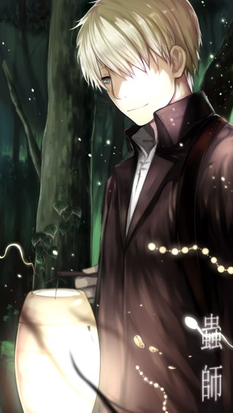 Anime picture 800x1417 with mushishi ginko s a~ single tall image fringe short hair green eyes white hair hair over one eye boy plant (plants) shirt tree (trees) forest lantern backpack