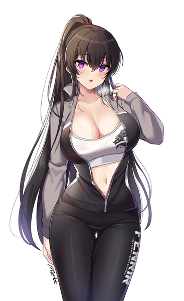 Anime picture 4583x7493 with counter:side yoo mina maett single long hair tall image looking at viewer fringe highres breasts open mouth light erotic black hair simple background hair between eyes large breasts white background purple eyes signed payot