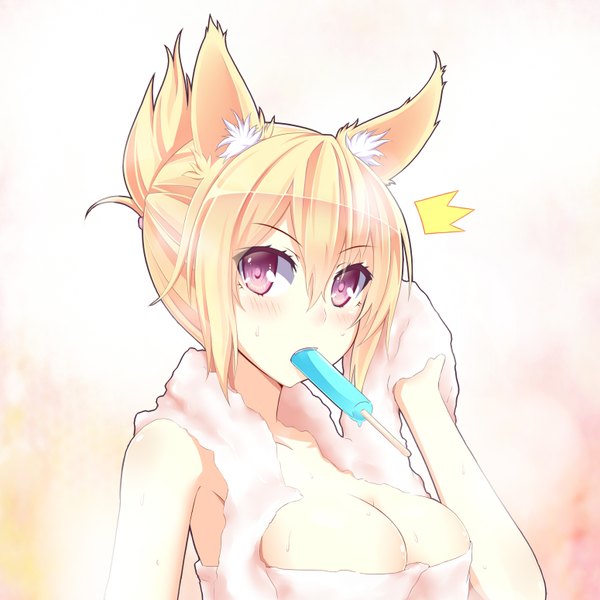Anime picture 1550x1550 with original paparins (artist) single looking at viewer short hair breasts light erotic red eyes animal ears naked towel towel around neck girl food sweets ice cream towel