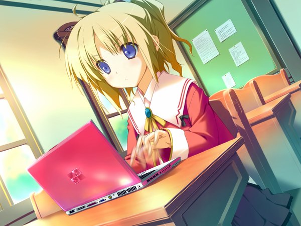 Anime picture 1600x1200 with happy margaret minahase karin kokonoka blue eyes blonde hair game cg serafuku laptop computer