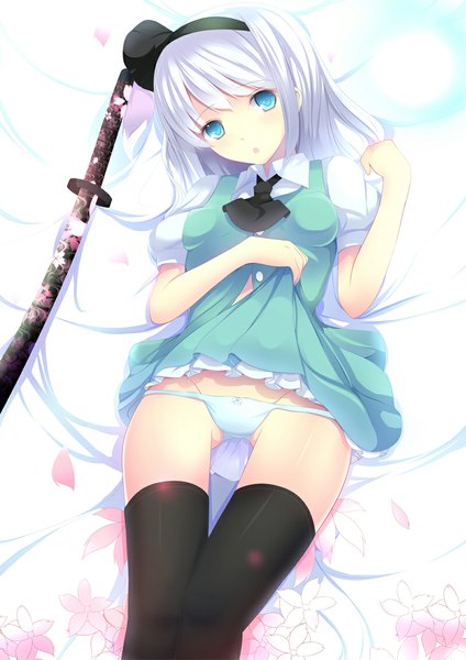 Anime picture 800x1132 with touhou konpaku youmu daiaru single tall image looking at viewer short hair open mouth blue eyes light erotic white hair ghost girl thighhighs dress underwear panties flower (flowers) weapon black thighhighs
