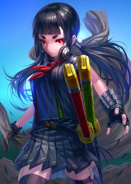 Anime picture 743x1041 with original kfr single long hair tall image looking at viewer black hair red eyes girl skirt gloves weapon sword headphones fingerless gloves katana cape