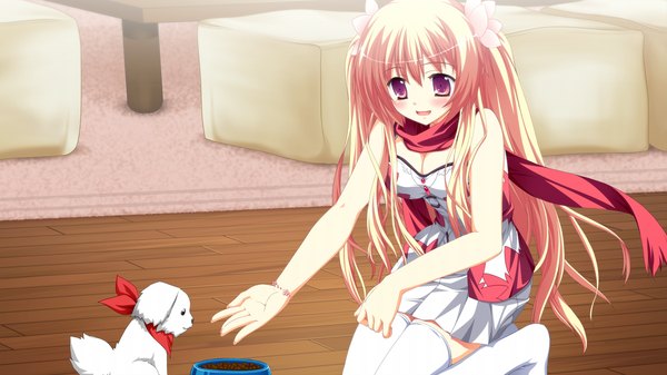 Anime picture 1280x720 with fortissimo//akkord:bsusvier (game) sakura (fortissimo) ooba kagerou single long hair blush fringe open mouth blonde hair hair between eyes red eyes wide image game cg indoors :d girl thighhighs white thighhighs bracelet scarf