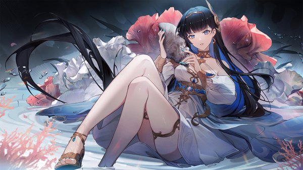 Anime picture 3703x2082 with punishing: gray raven selena (punishing: gray raven) xtears kitsune single long hair looking at viewer fringe highres blue eyes black hair wide image holding blue hair absurdres bent knee (knees) nail polish multicolored hair fingernails two-tone hair floating hair