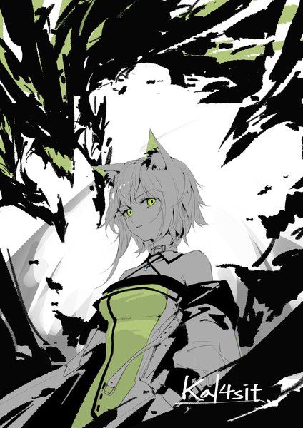 Anime picture 2480x3508 with arknights kal'tsit (arknights) mon3tr (arknights) areaaaron single tall image looking at viewer highres short hair green eyes animal ears cat ears from below character names monochrome spot color girl dress detached collar