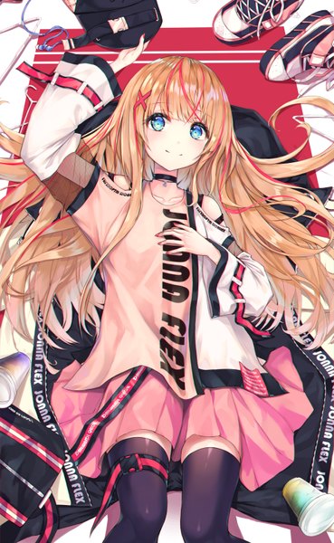 Anime picture 985x1600 with original h2o (dfo) single long hair tall image looking at viewer blush fringe blue eyes smile lying blunt bangs nail polish pleated skirt multicolored hair arm up fingernails orange hair wide sleeves two-tone hair
