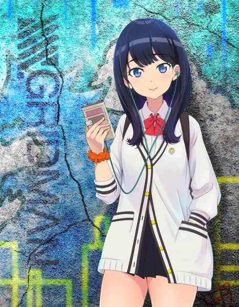 Anime picture 699x898 with gridman universe ssss.gridman studio trigger takarada rikka picolette xiii single long hair tall image looking at viewer blush fringe blue eyes black hair standing holding signed light smile copyright name hand in pocket wrist scrunchie