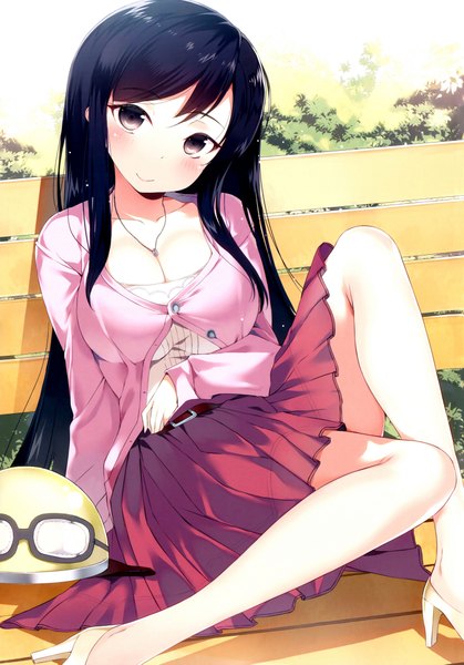 Anime picture 5992x8581 with nauribon single long hair tall image looking at viewer blush highres black hair smile sitting brown eyes absurdres scan legs girl dress