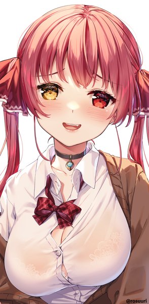 Anime picture 2119x4328 with virtual youtuber hololive houshou marine rosuuri single long hair tall image looking at viewer blush fringe highres breasts open mouth light erotic simple background smile red eyes large breasts white background twintails