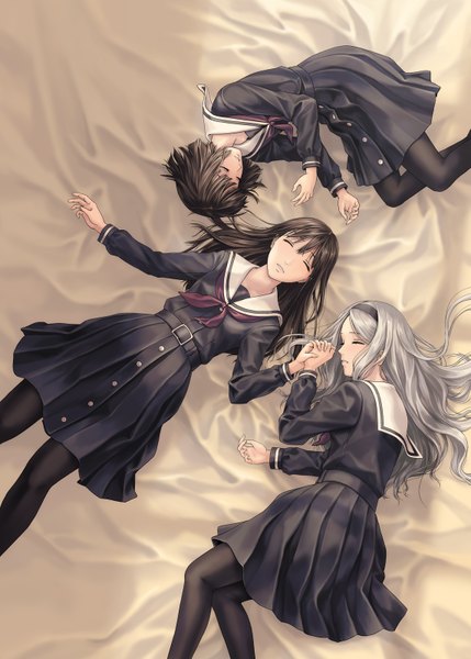 Anime picture 1144x1600 with takekawa shin (artist) long hair tall image short hair black hair multiple girls silver hair eyes closed sleeping girl skirt uniform school uniform miniskirt hairband 3 girls