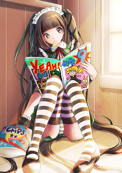 Anime picture 707x1000 with original potato (pixiv922887) single tall image fringe light erotic brown hair sitting holding looking away blunt bangs very long hair head tilt sunlight mouth hold striped eating reading girl thighhighs