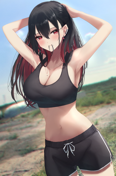 Anime picture 2344x3541 with original amane sora single long hair tall image looking at viewer blush fringe highres breasts light erotic black hair red eyes large breasts holding sky cleavage outdoors red hair multicolored hair