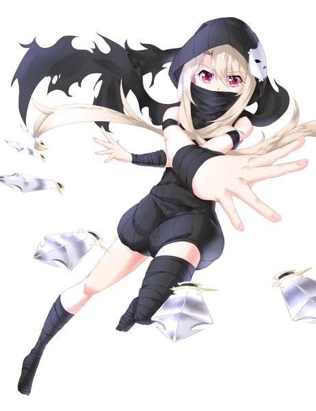 Anime picture 1000x1300 with fate (series) fate/zero fate/kaleid liner prisma illya illyasviel von einzbern prisma illya assassin (fate/zero) gala king single long hair tall image looking at viewer fringe simple background blonde hair hair between eyes red eyes standing white background payot standing on one leg