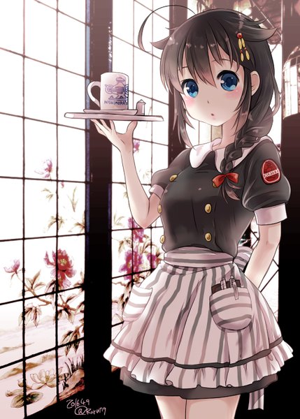 Anime picture 1000x1399 with kantai collection shigure destroyer aikawa ruru single long hair tall image blush fringe open mouth blue eyes black hair hair between eyes standing holding signed payot ahoge indoors braid (braids) :o