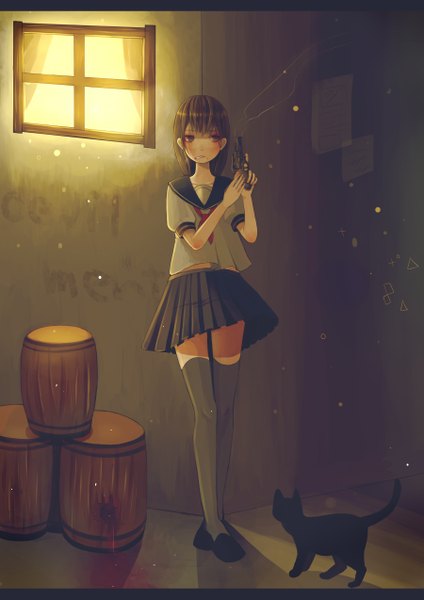 Anime-Bild 1800x2546 mit original bisco single tall image blush highres brown hair standing smoking smoking gun girl thighhighs skirt weapon animal serafuku window gun cat paper