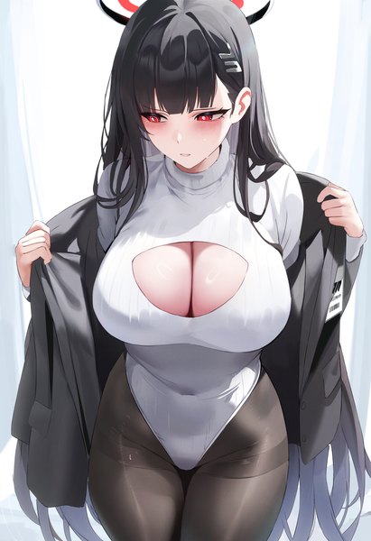 Anime picture 4160x6080 with blue archive rio (blue archive) fantongjun single long hair tall image fringe highres breasts light erotic black hair red eyes large breasts standing signed looking away absurdres cleavage blunt bangs parted lips