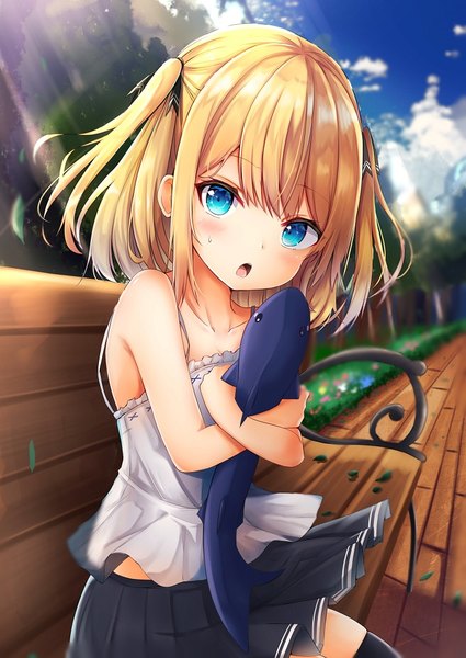 Anime picture 708x1000 with original renka (cloudsaikou) single tall image looking at viewer blush fringe short hair open mouth blue eyes blonde hair sitting payot sky cloud (clouds) outdoors pleated skirt sunlight two side up sweatdrop