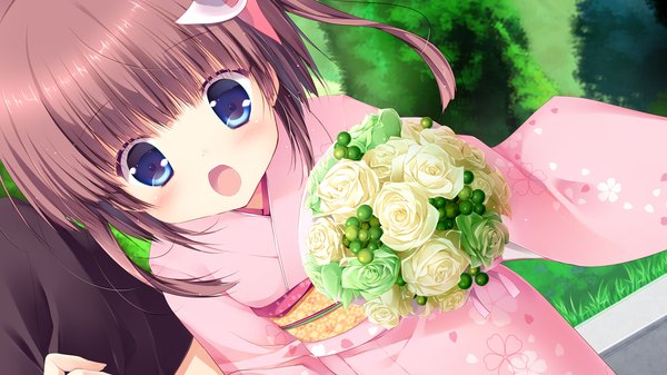 Anime picture 1280x720 with izayoi no fortuna kujou otome miyasaka miyu blush short hair open mouth blue eyes brown hair wide image game cg traditional clothes japanese clothes loli girl flower (flowers) kimono bouquet