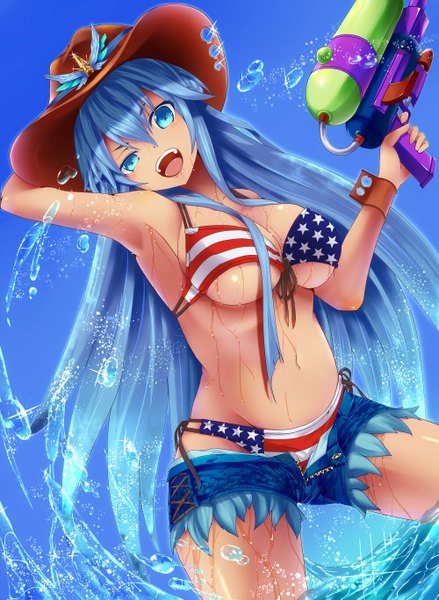 Anime picture 1000x1365 with puzzle & dragons andromeda (p&d) single long hair tall image looking at viewer breasts open mouth blue eyes light erotic blue hair girl navel swimsuit hat bikini water shorts short shorts water gun