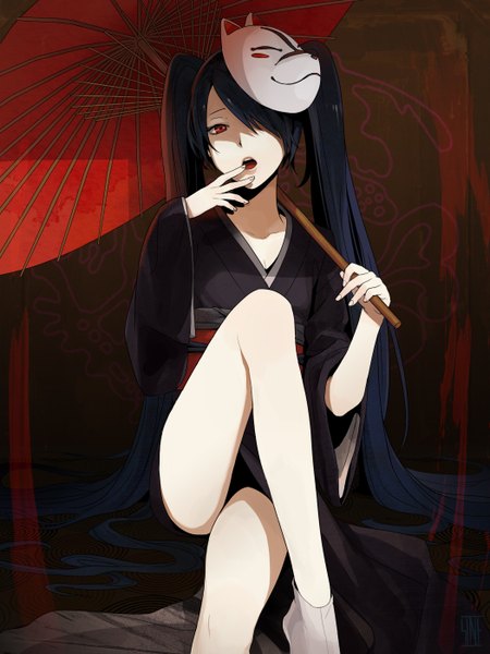 Anime picture 1050x1400 with vocaloid musunde hiraite rasetsu to mukuro (vocaloid) hatsune miku sine-eang single tall image fringe open mouth red eyes sitting twintails blue hair very long hair japanese clothes hair over one eye legs mask on head girl kimono umbrella